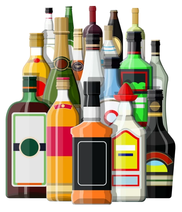 A cluster of beer, wine and spirit bottles